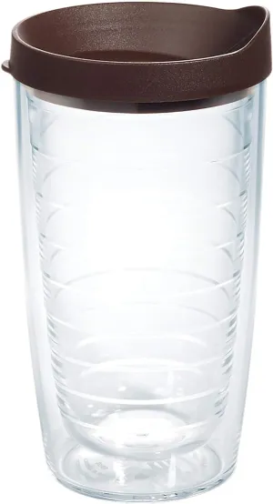 Tervis Clear & Colorful Lidded Made in USA Double Walled Insulated Tumbler Travel Cup Keeps Drinks Cold & Hot, 16oz, Brown Lid