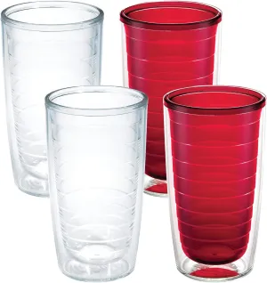 Tervis Clear & Colorful Tabletop Made in USA Double Walled Insulated Tumbler Travel Cup Keeps Drinks Cold & Hot, 16oz - 4pk, Clear and Red