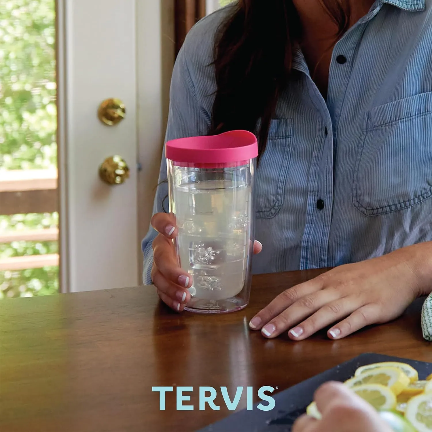 Tervis Clear & Colorful Tabletop Made in USA Double Walled Insulated Tumbler Travel Cup Keeps Drinks Cold & Hot, 16oz - 4pk, Clear and Red