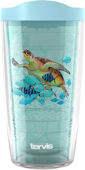 Tervis Guy Harvey - Living Reef Collection Made in USA Double Walled Insulated Tumbler Travel Cup Keeps Drinks Cold & Hot, 16oz, Fish and Turtle