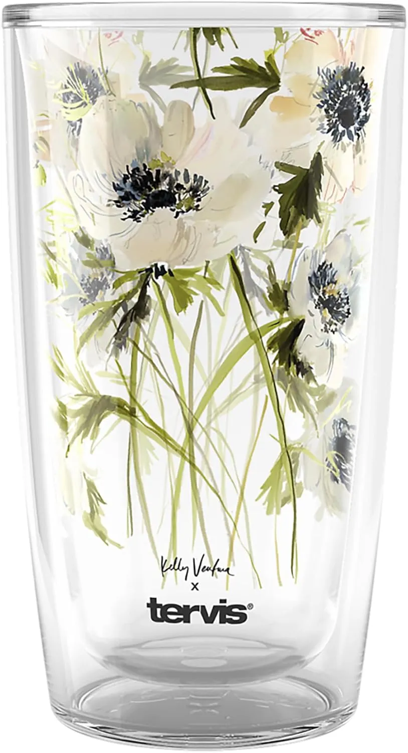Tervis Kelly Ventura Floral Vista Crystal Collection White Wildflower Made in USA Double Walled Insulated Tumbler Travel Cup Keeps Drinks Cold & Hot, 16oz, White Wildflower