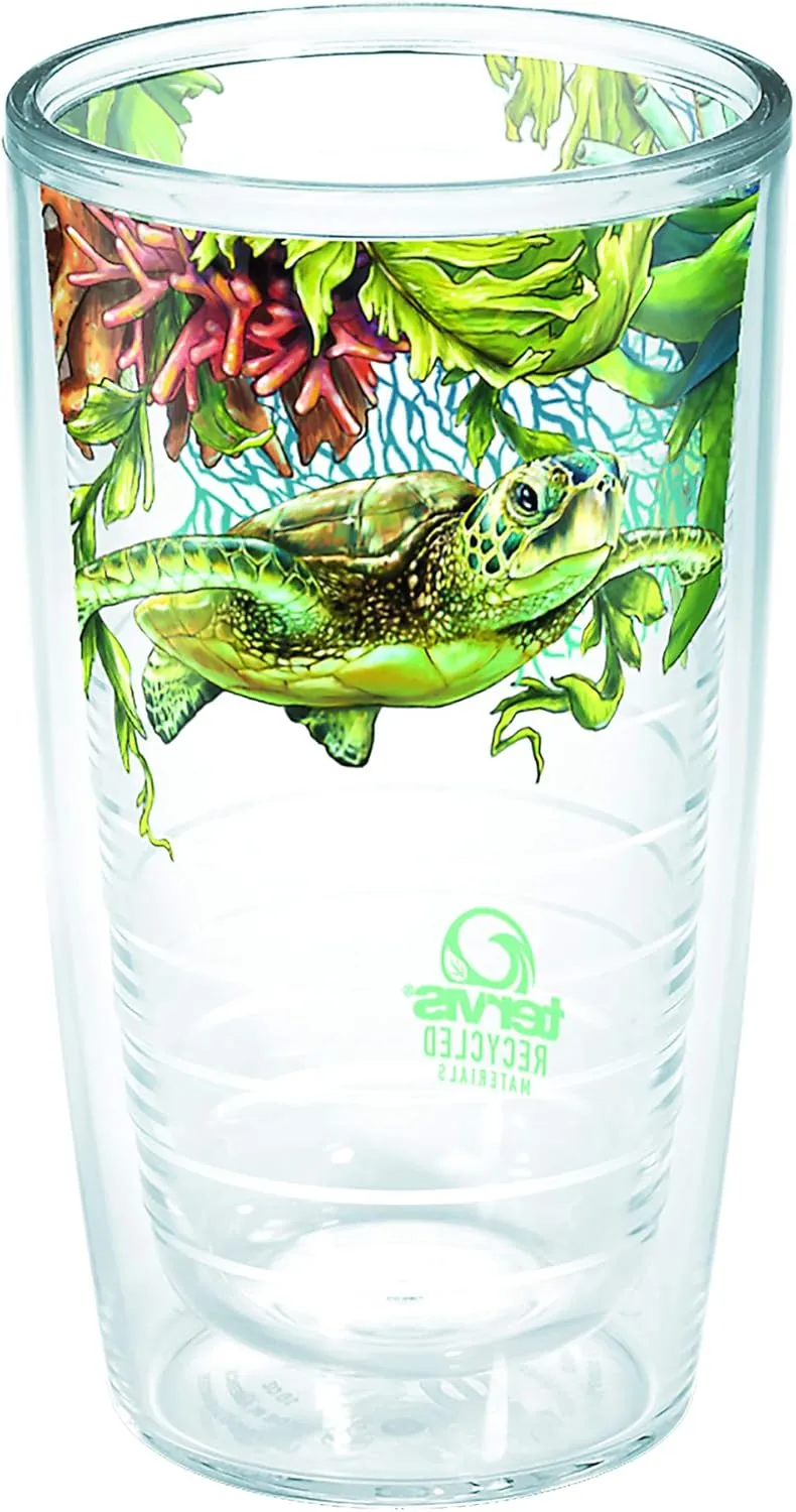 Tervis Recycled Made in USA Double Walled Insulated Tumbler Travel Cup Keeps Drinks Cold & Hot, 16oz, Sea Turtle & Coral
