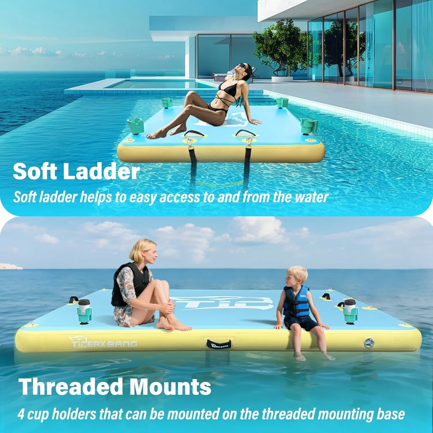 TGERXBANG Floating Dock Swim Air Platform Multi-People Inflatable Floating Island for Lake Pond Pool Beach Ocean, 6ft/8ft