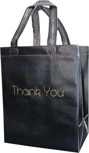 Thank You Gift Bags with Handles - 12 Pack - Reusable Eco Friendly - 8x10 Inch - Black Glossy Medium Non Woven Bag - Modern Gold Thank You Boutique Shopping Bag