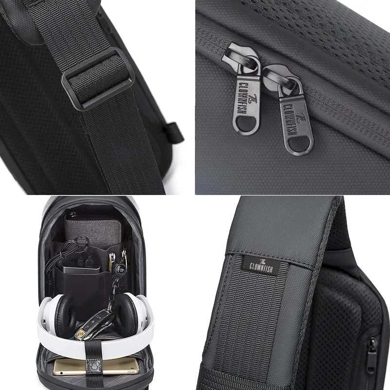 THE CLOWNFISH Water Resistant TPU Unisex Travel Crossbody Sling Bag Chest Pack with USB charging (Black)