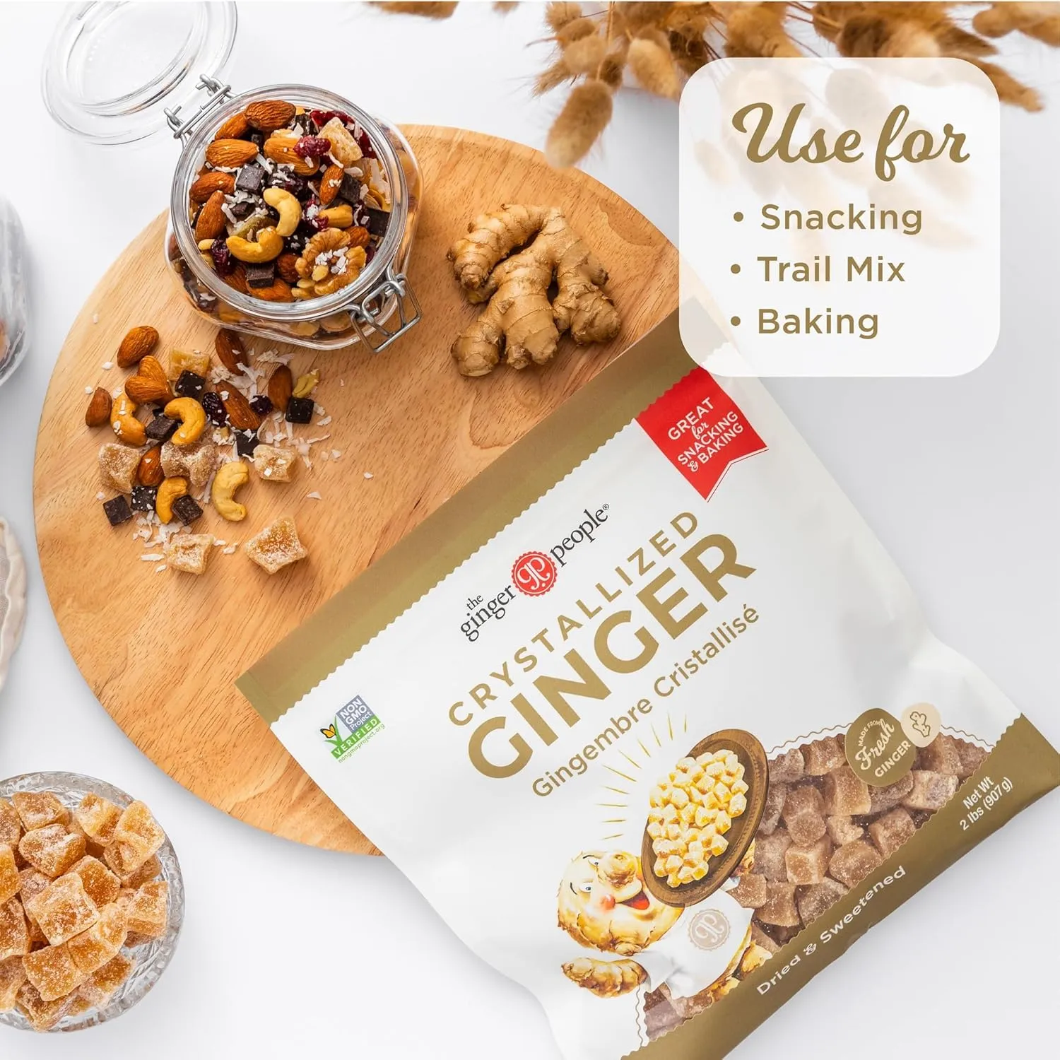 The Ginger People Crystallized Ginger 2lb Bag, Non-GMO, Gluten-Free, Vegan, Candied Ginger for Snacking, Trail Mix, Baking & More, Healthy Energy Boost, 2lb Bag (Pack of 1)