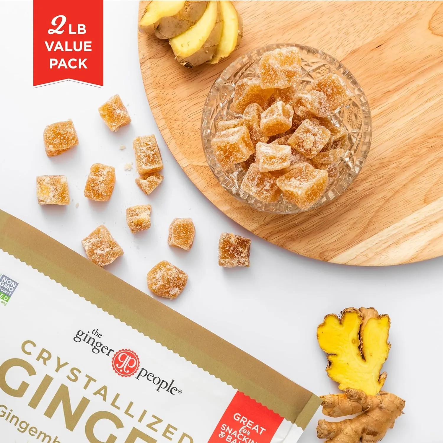 The Ginger People Crystallized Ginger 2lb Bag, Non-GMO, Gluten-Free, Vegan, Candied Ginger for Snacking, Trail Mix, Baking & More, Healthy Energy Boost, 2lb Bag (Pack of 1)
