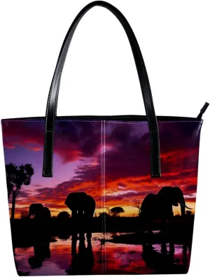 The Tote Bag For Women,Bags For Women,Reusable Shopping Bags,African Sunset Grassland Elephant Handbags