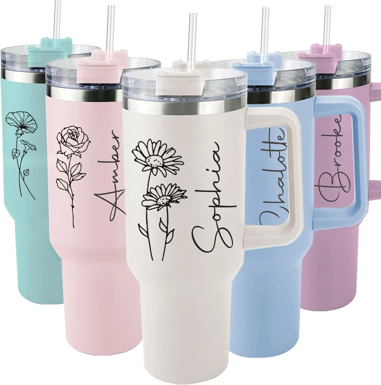 ThermoThrill Ships Next Day, Personalized 40 Oz Tumbler with Handle and Straw, Custom Tumbler with Text Photo Stainless Steel Travel Mug Customized Birthday Gifts for Women Men