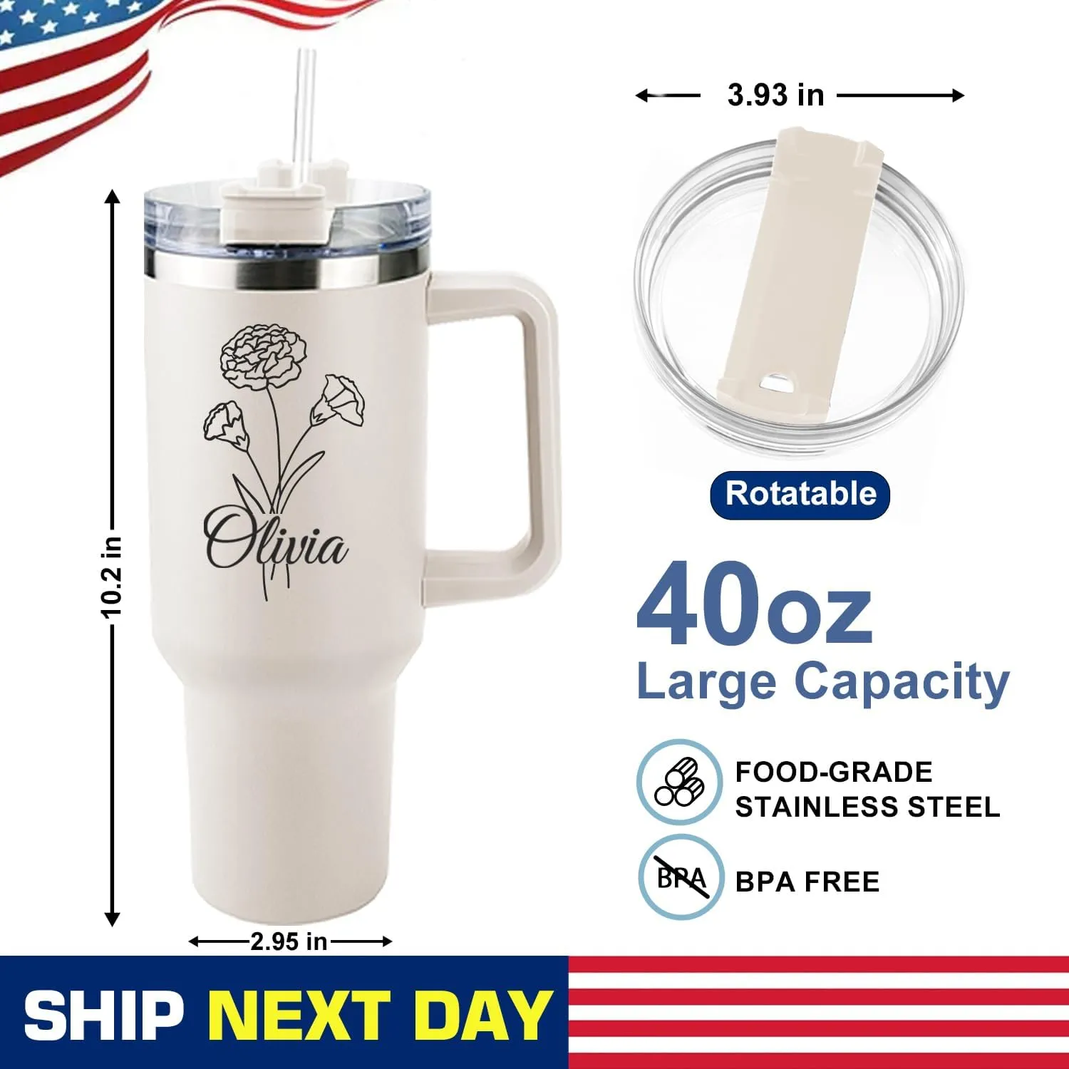 ThermoThrill Ships Next Day, Personalized 40 Oz Tumbler with Handle and Straw, Custom Tumbler with Text Photo Stainless Steel Travel Mug Customized Birthday Gifts for Women Men