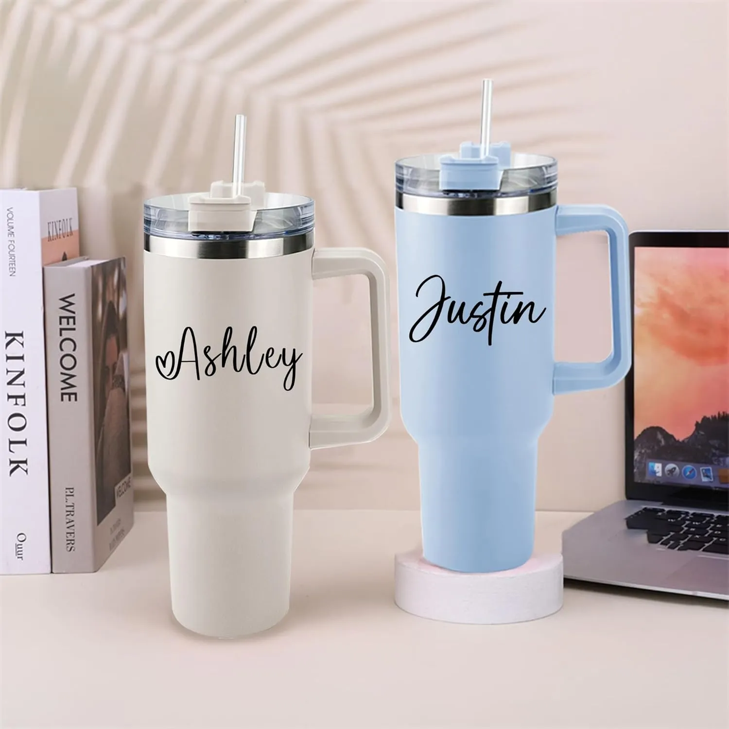 ThermoThrill Ships Next Day, Personalized 40 Oz Tumbler with Handle and Straw, Custom Tumbler with Text Photo Stainless Steel Travel Mug Customized Birthday Gifts for Women Men