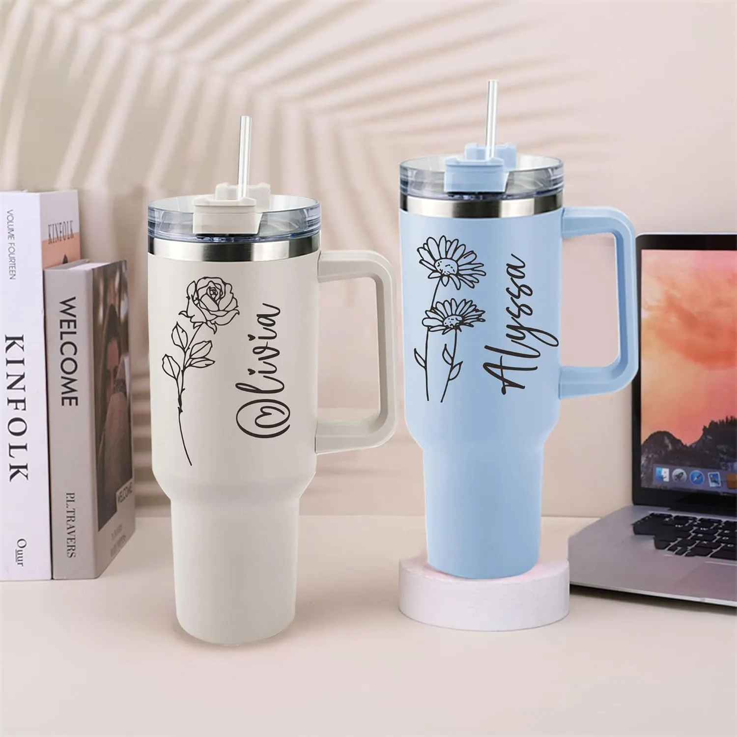 ThermoThrill Ships Next Day, Personalized 40 Oz Tumbler with Handle and Straw, Custom Tumbler with Text Photo Stainless Steel Travel Mug Customized Birthday Gifts for Women Men