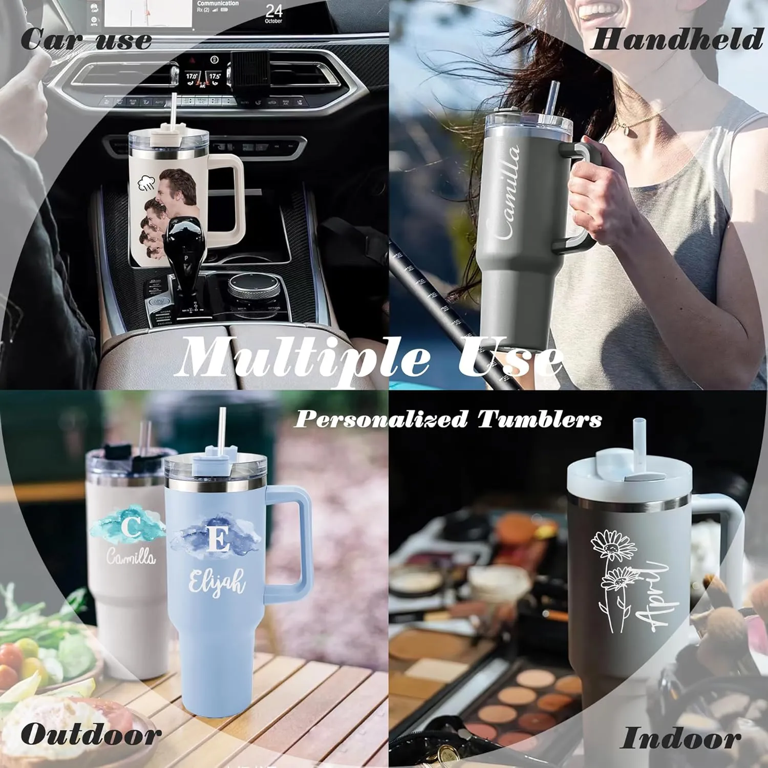 ThermoThrill Ships Next Day, Personalized 40 Oz Tumbler with Handle and Straw, Custom Tumbler with Text Photo Stainless Steel Travel Mug Customized Birthday Gifts for Women Men
