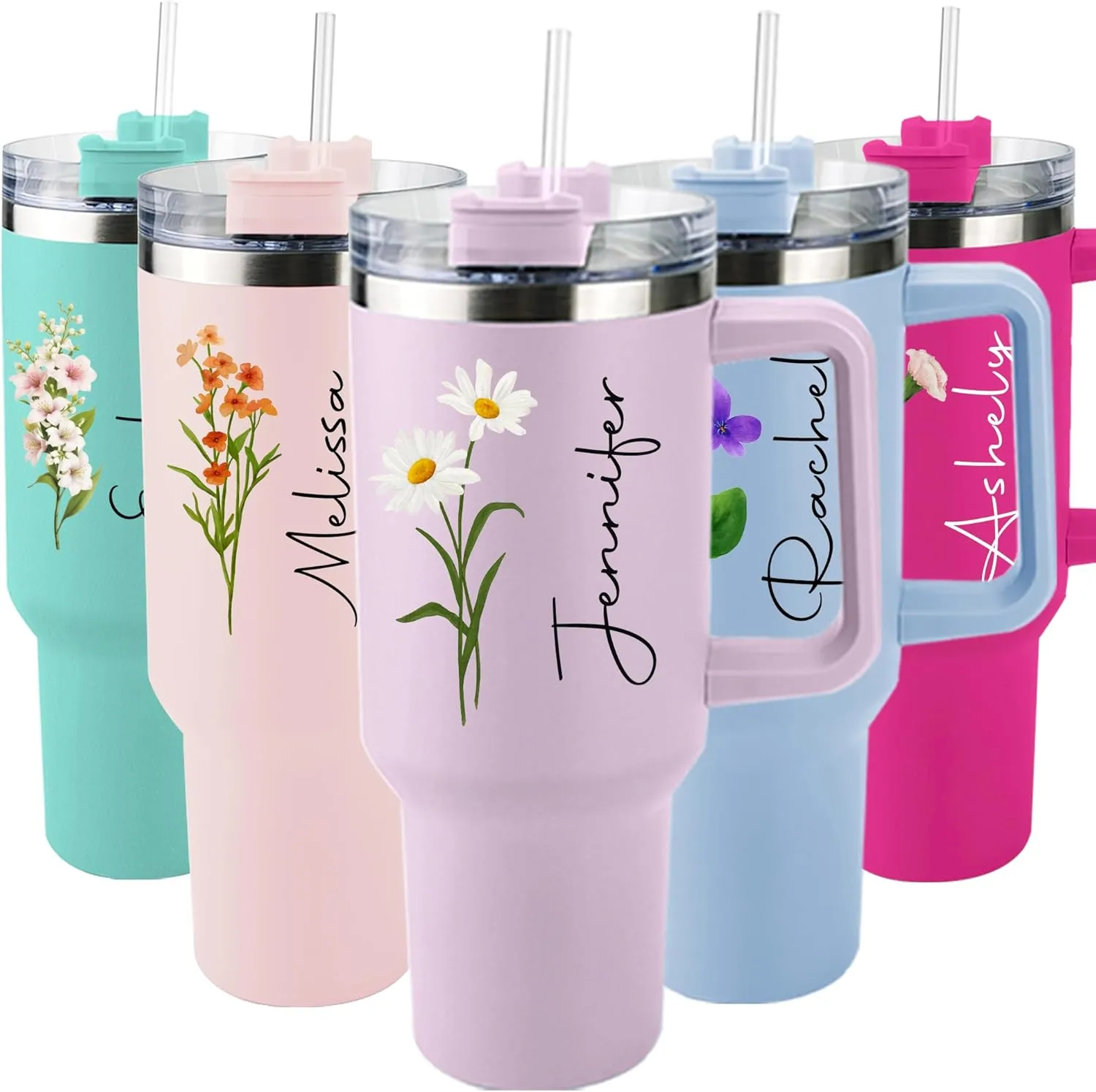 ThermoThrill Ships Next Day, Personalized 40 Oz Tumbler with Handle and Straw, Custom Tumbler with Text Photo Stainless Steel Travel Mug Customized Birthday Gifts for Women Men