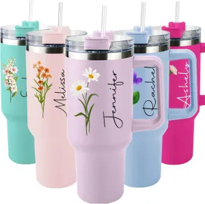 ThermoThrill Ships Next Day, Personalized 40 Oz Tumbler with Handle and Straw, Custom Tumbler with Text Photo Stainless Steel Travel Mug Customized Birthday Gifts for Women Men