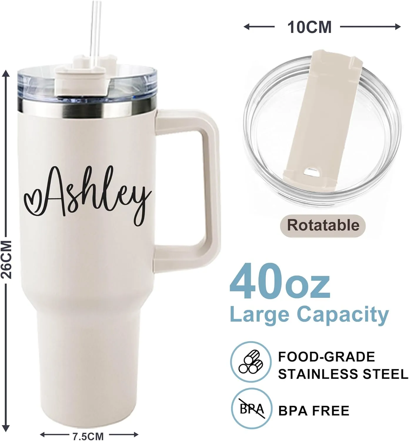 ThermoThrill Ships Next Day, Personalized 40 Oz Tumbler with Handle and Straw, Custom Tumbler with Text Photo Stainless Steel Travel Mug Customized Birthday Gifts for Women Men