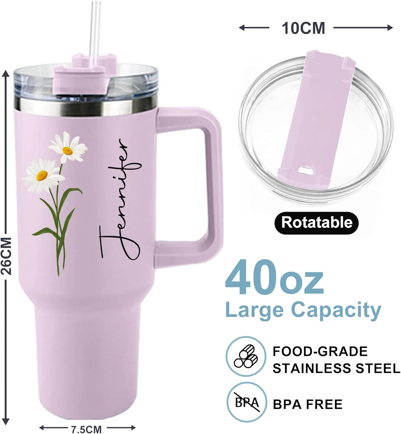 ThermoThrill Ships Next Day, Personalized 40 Oz Tumbler with Handle and Straw, Custom Tumbler with Text Photo Stainless Steel Travel Mug Customized Birthday Gifts for Women Men