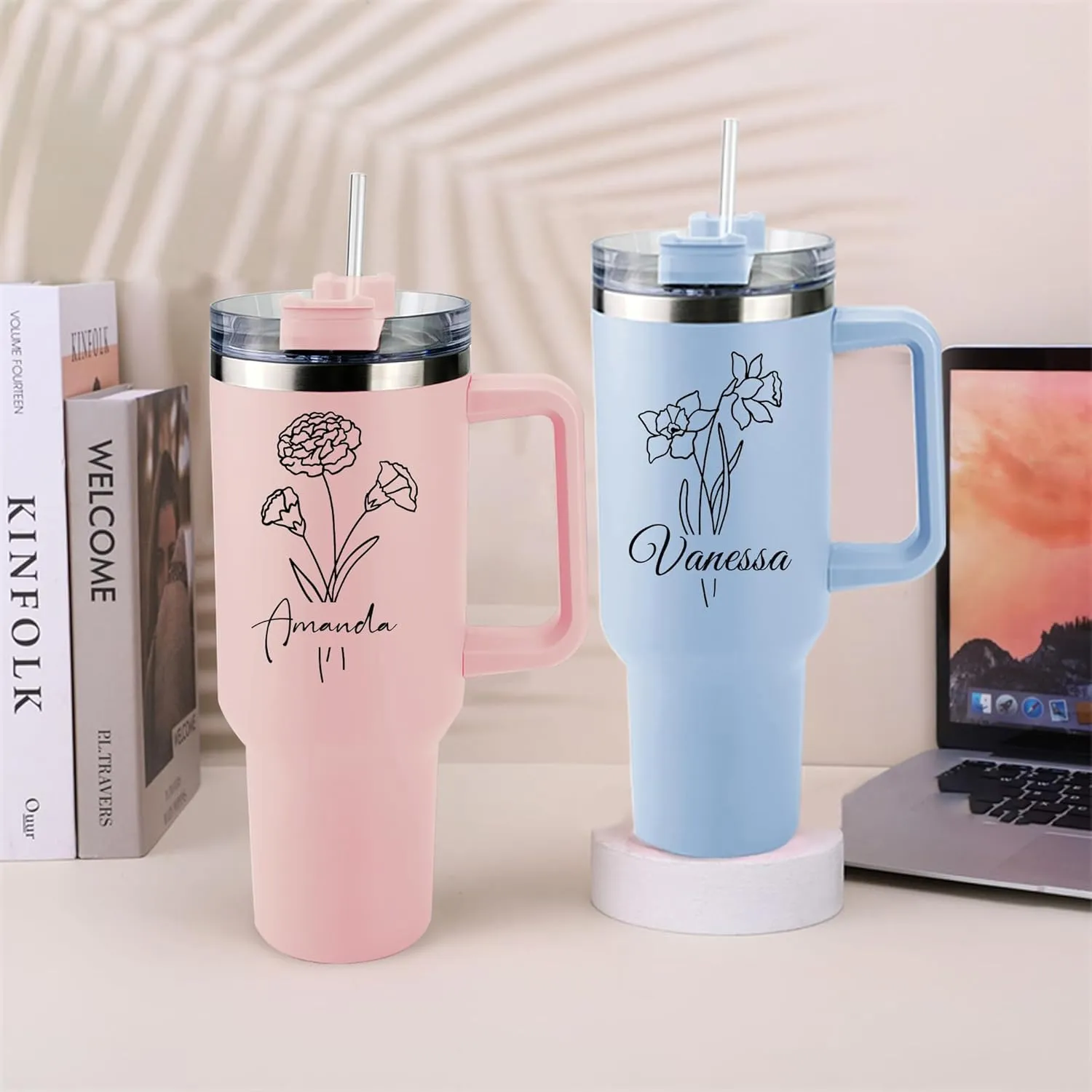 ThermoThrill Ships Next Day, Personalized 40 Oz Tumbler with Handle and Straw, Custom Tumbler with Text Photo Stainless Steel Travel Mug Customized Birthday Gifts for Women Men