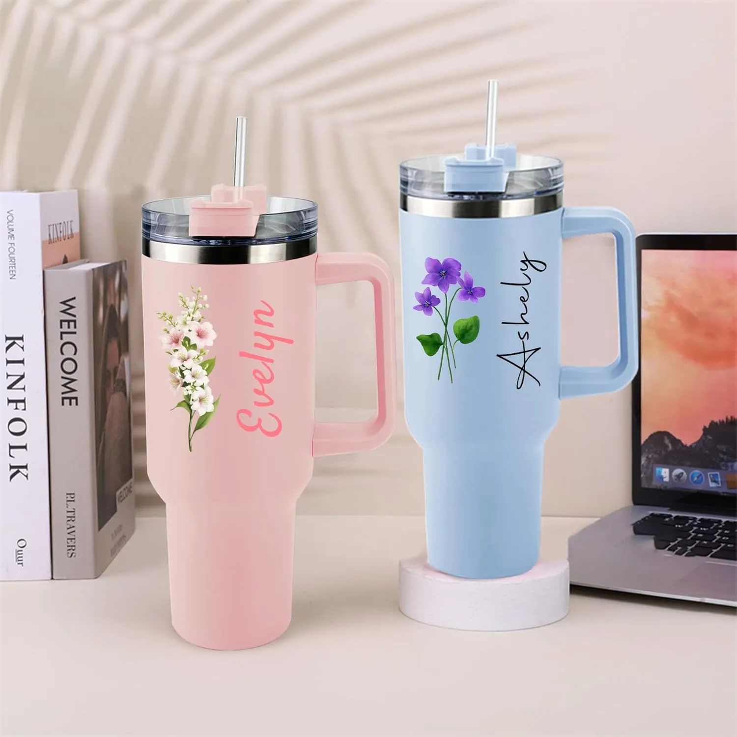 ThermoThrill Ships Next Day, Personalized 40 Oz Tumbler with Handle and Straw, Custom Tumbler with Text Photo Stainless Steel Travel Mug Customized Birthday Gifts for Women Men