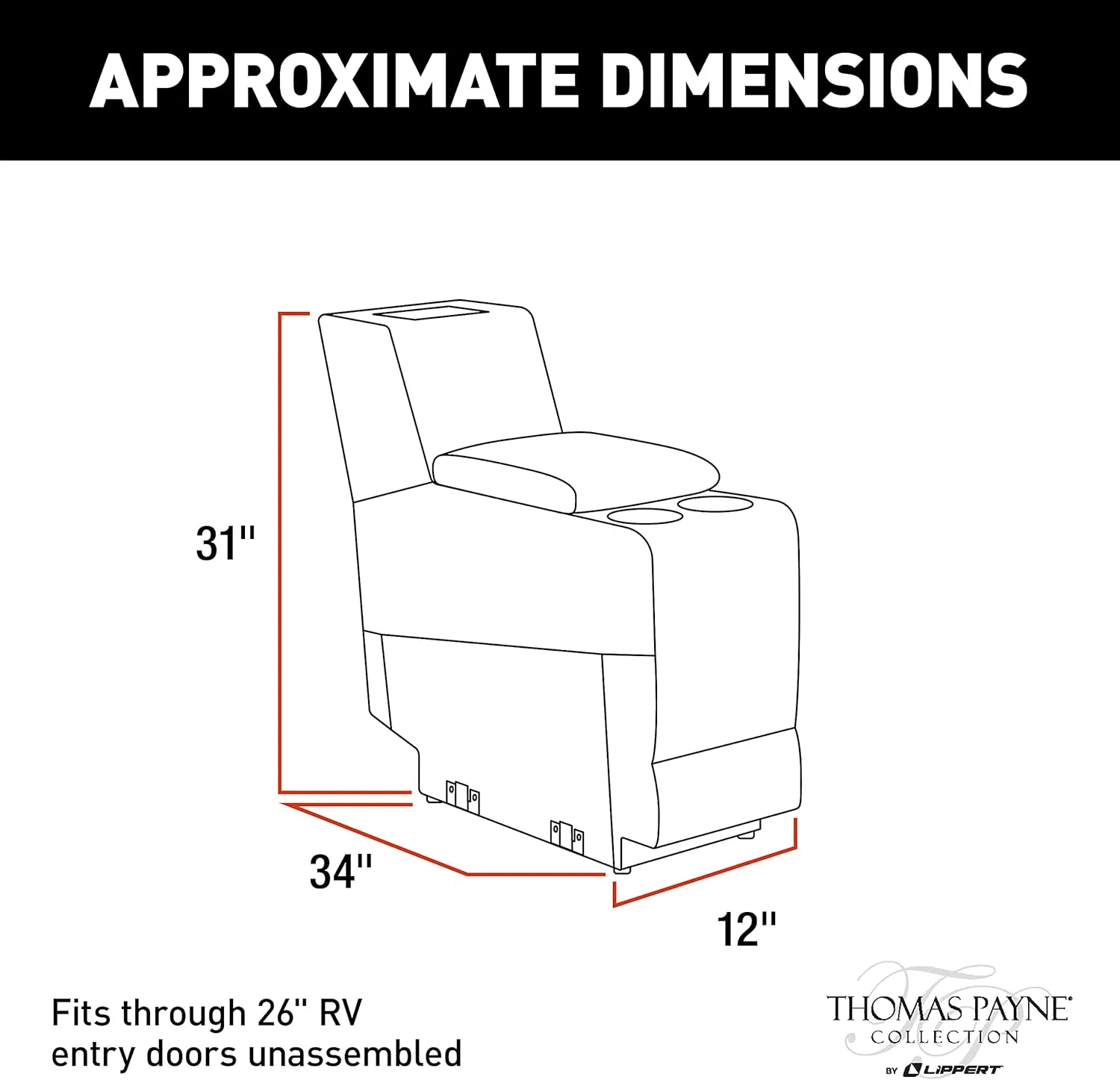 Thomas Payne Seismic Series RV Theater Seating Center Console - Norlina, Easy-to-Clean PolyHyde Vinyl Fabric, Integrated Storage Compartment, LED Lighting, Dual Lighted Cup Holders - 2020129339