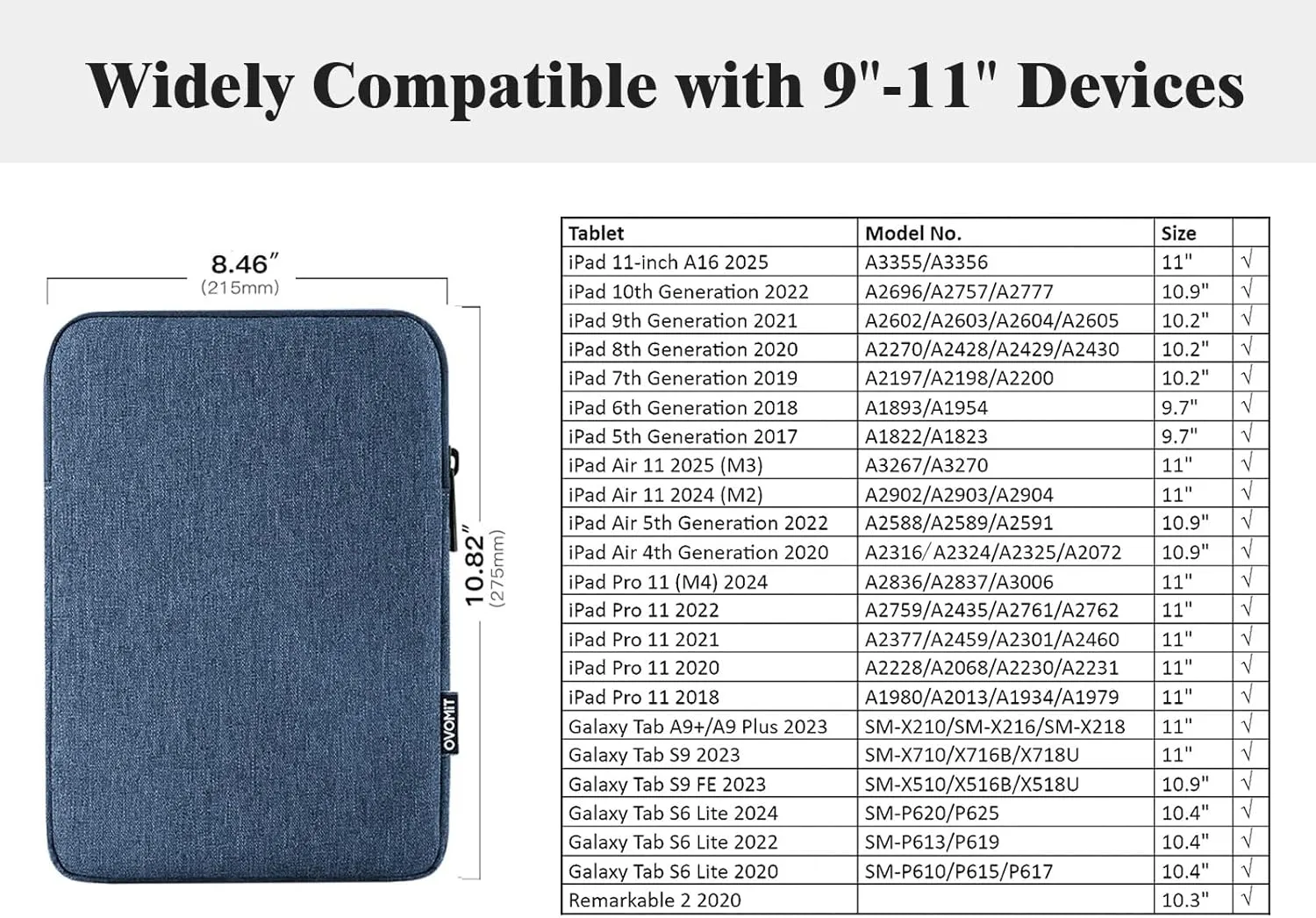 TiMOVO 9-11" Tablet Sleeve Bag for iPad 11-inch A16 2025, iPad 10th Gen. 10.9", iPad 10.2", iPad Air 11 Inch/5th/4th Gen. 10.9", Galaxy Tab A9 Plus 11", Protective Bag Fit Smart Keyboard, Blue