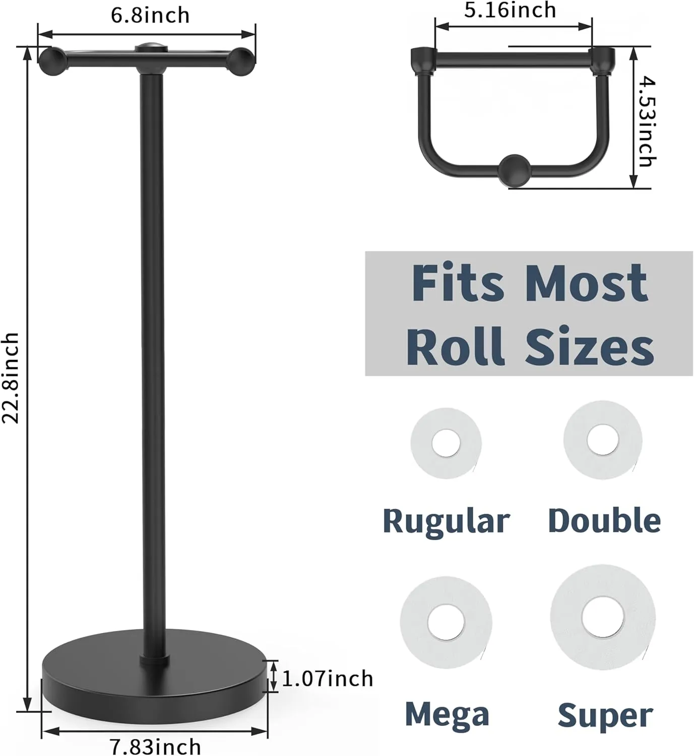 Toilet Paper Holder Stand, Modern Bathroom Free Standing Toilet Paper Roll Holder, Stainless Steel Tissue Rack, Rust-Proof & Heavy Stable Base (Matte Black)
