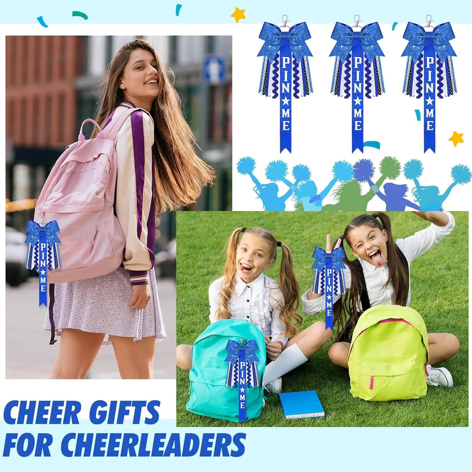Tondiamo 12 Pcs Cheer Pin Me Ribbon Glitter Cheerleader Bow Keychain Gifts for Backpack Bag Teens Girls Graduation