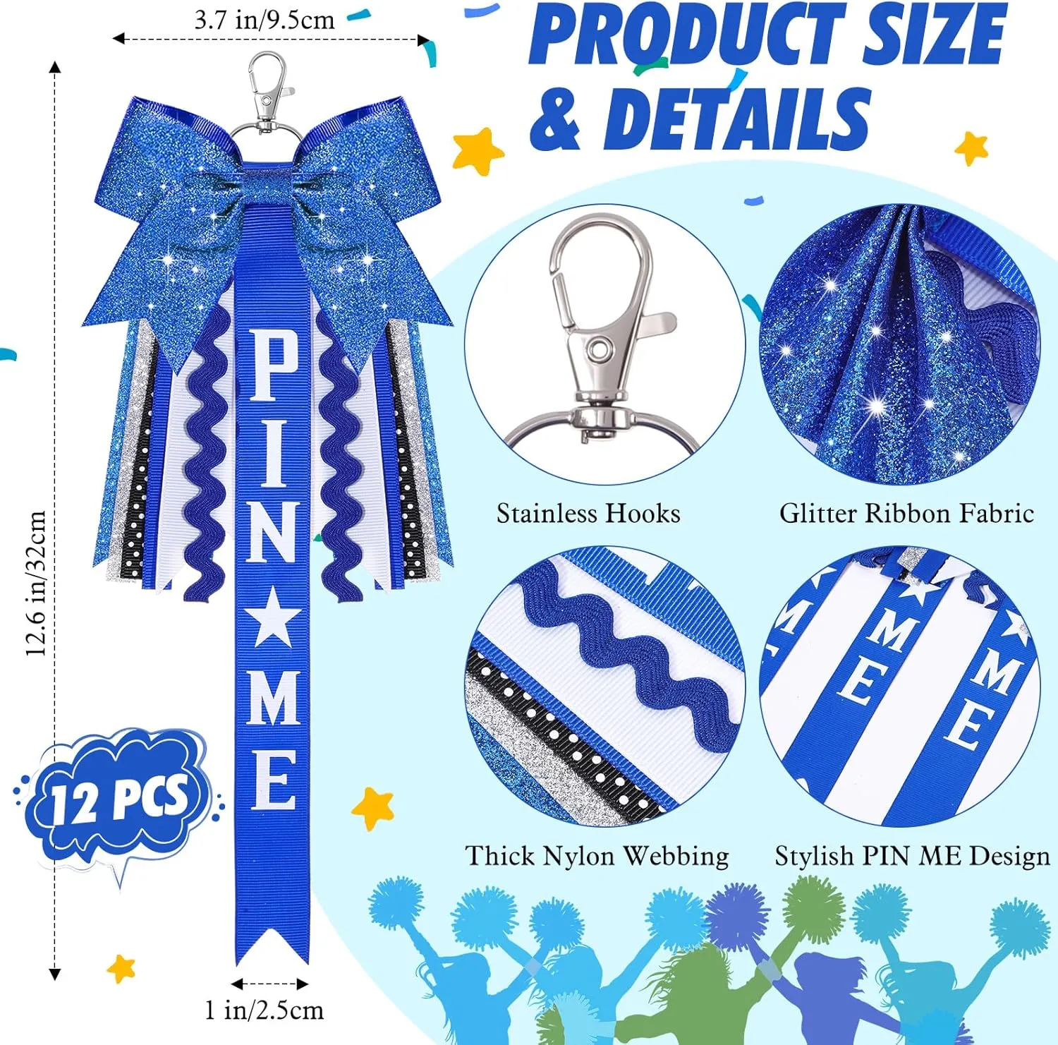 Tondiamo 12 Pcs Cheer Pin Me Ribbon Glitter Cheerleader Bow Keychain Gifts for Backpack Bag Teens Girls Graduation
