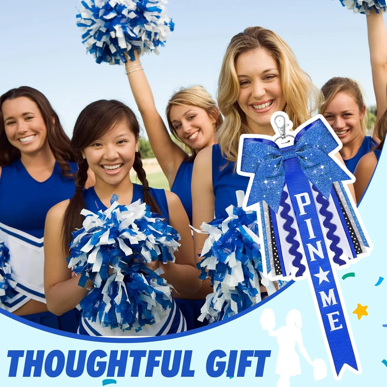 Tondiamo 12 Pcs Cheer Pin Me Ribbon Glitter Cheerleader Bow Keychain Gifts for Backpack Bag Teens Girls Graduation