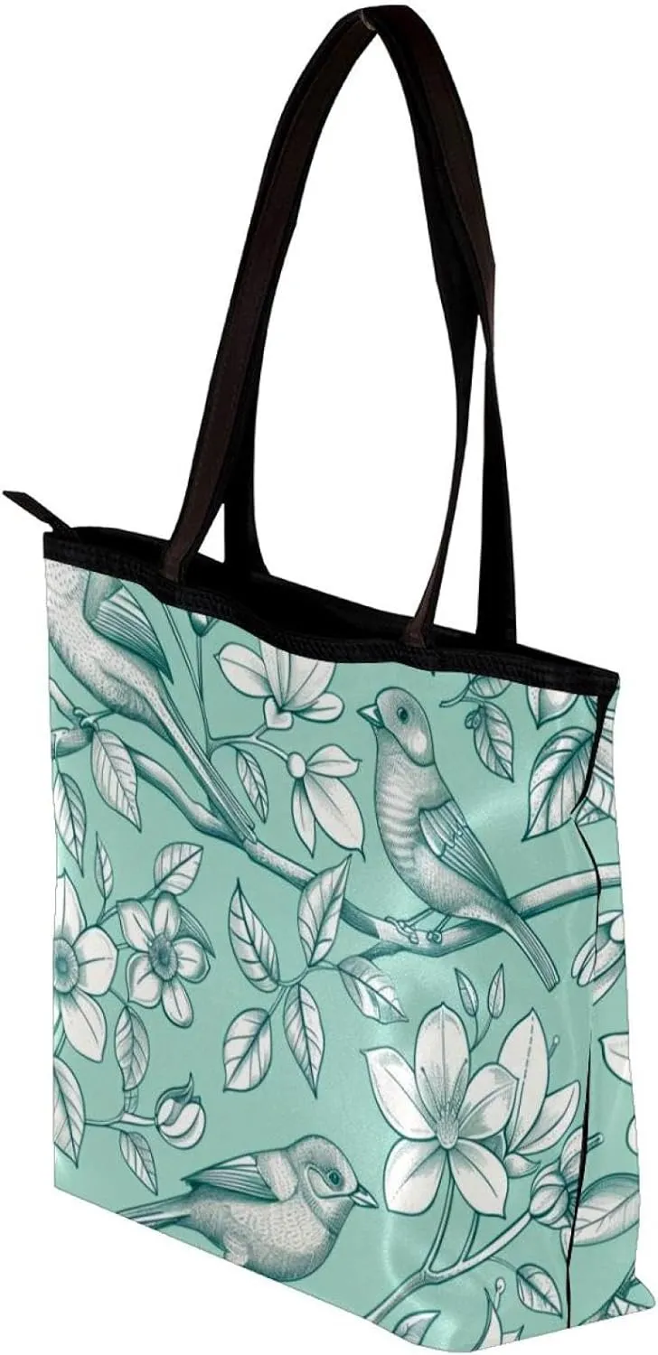 Tote Bag, Large Tote Bags for Women, Tote Bag with Zipper, Modern Flower Butterfly Hummingbird Vintage Art, Womens Tote Bag