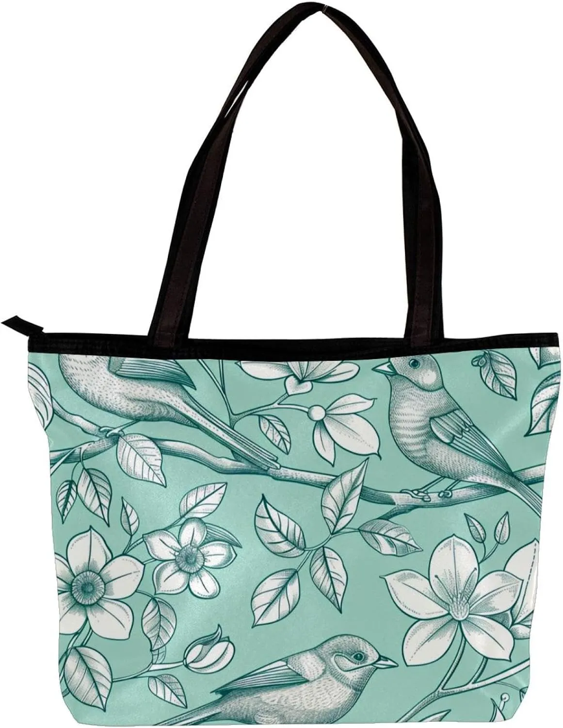 Tote Bag, Large Tote Bags for Women, Tote Bag with Zipper, Modern Flower Butterfly Hummingbird Vintage Art, Womens Tote Bag