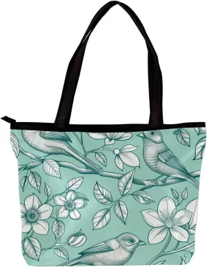 Tote Bag, Large Tote Bags for Women, Tote Bag with Zipper, Modern Flower Butterfly Hummingbird Vintage Art, Womens Tote Bag