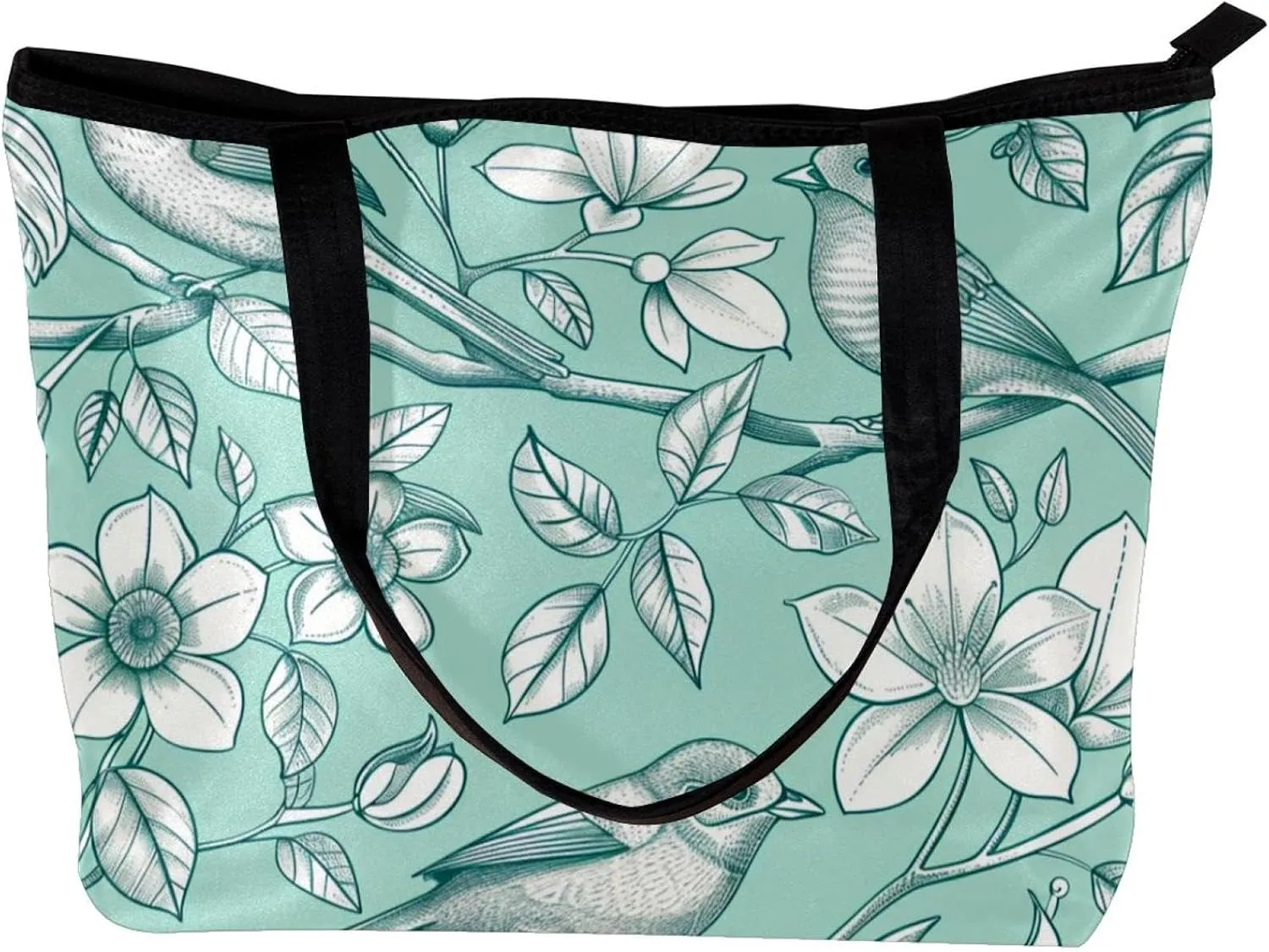 Tote Bag, Large Tote Bags for Women, Tote Bag with Zipper, Modern Flower Butterfly Hummingbird Vintage Art, Womens Tote Bag