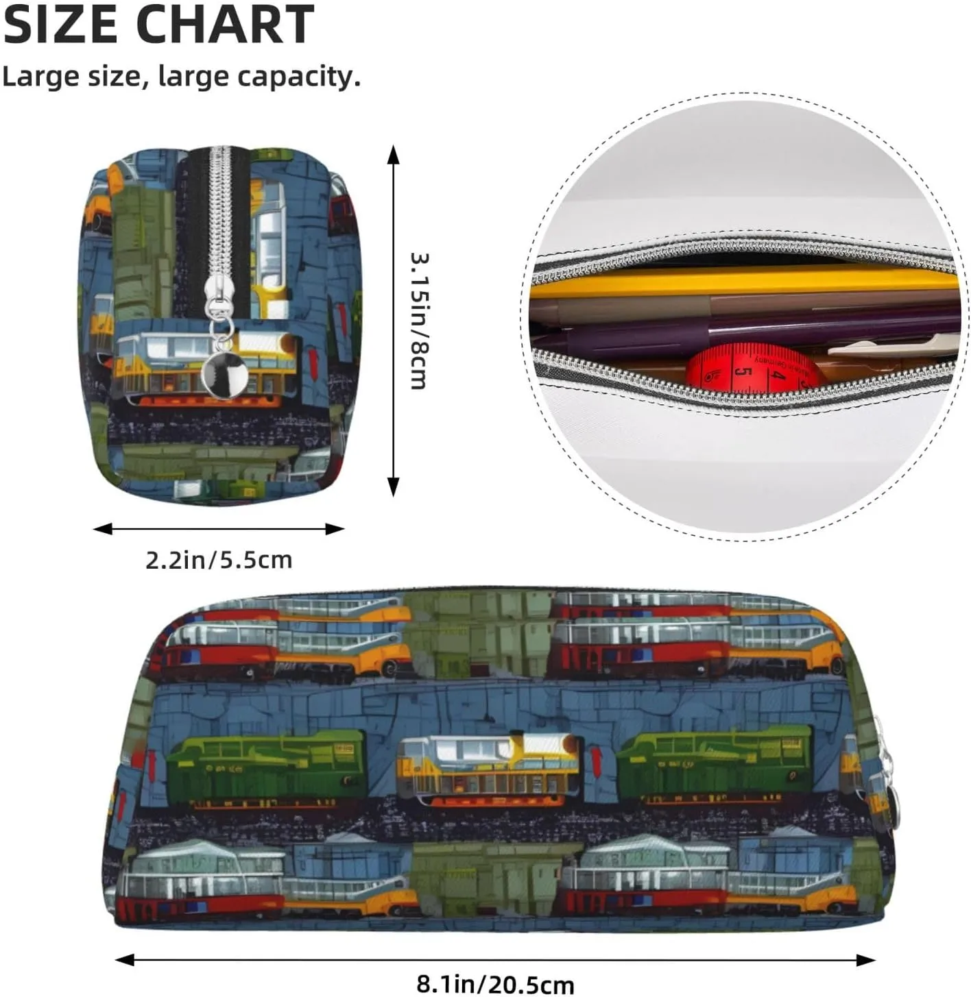 train Cars Makeup Bag for Women Men Pencil Pouch Travel Small Cosmetic Bag Zippered Toiletry Bags Aesthetic Pen Bags Leather Coin Pouch Purse