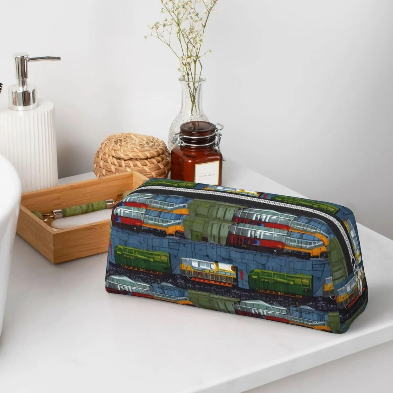 train Cars Makeup Bag for Women Men Pencil Pouch Travel Small Cosmetic Bag Zippered Toiletry Bags Aesthetic Pen Bags Leather Coin Pouch Purse