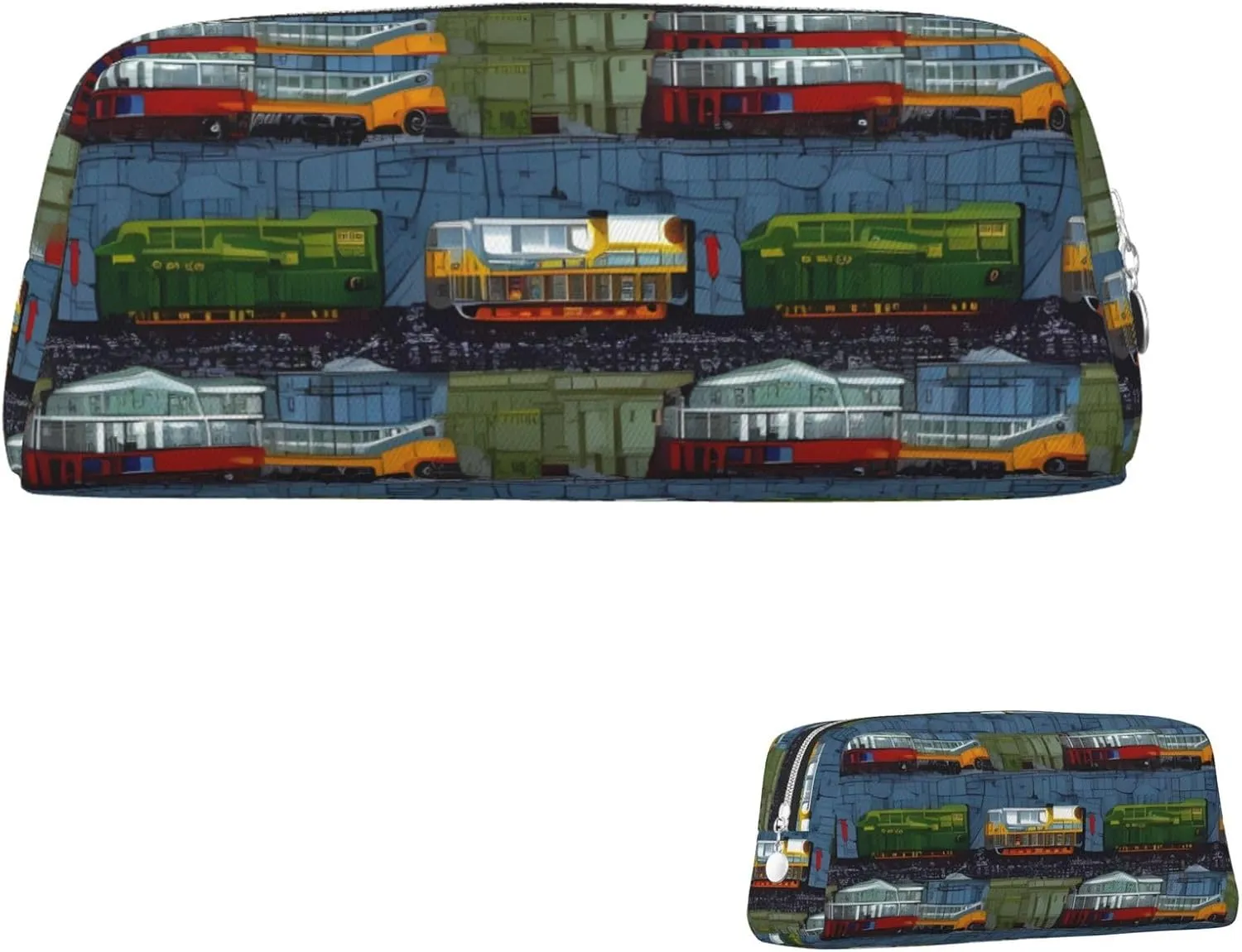 train Cars Makeup Bag for Women Men Pencil Pouch Travel Small Cosmetic Bag Zippered Toiletry Bags Aesthetic Pen Bags Leather Coin Pouch Purse