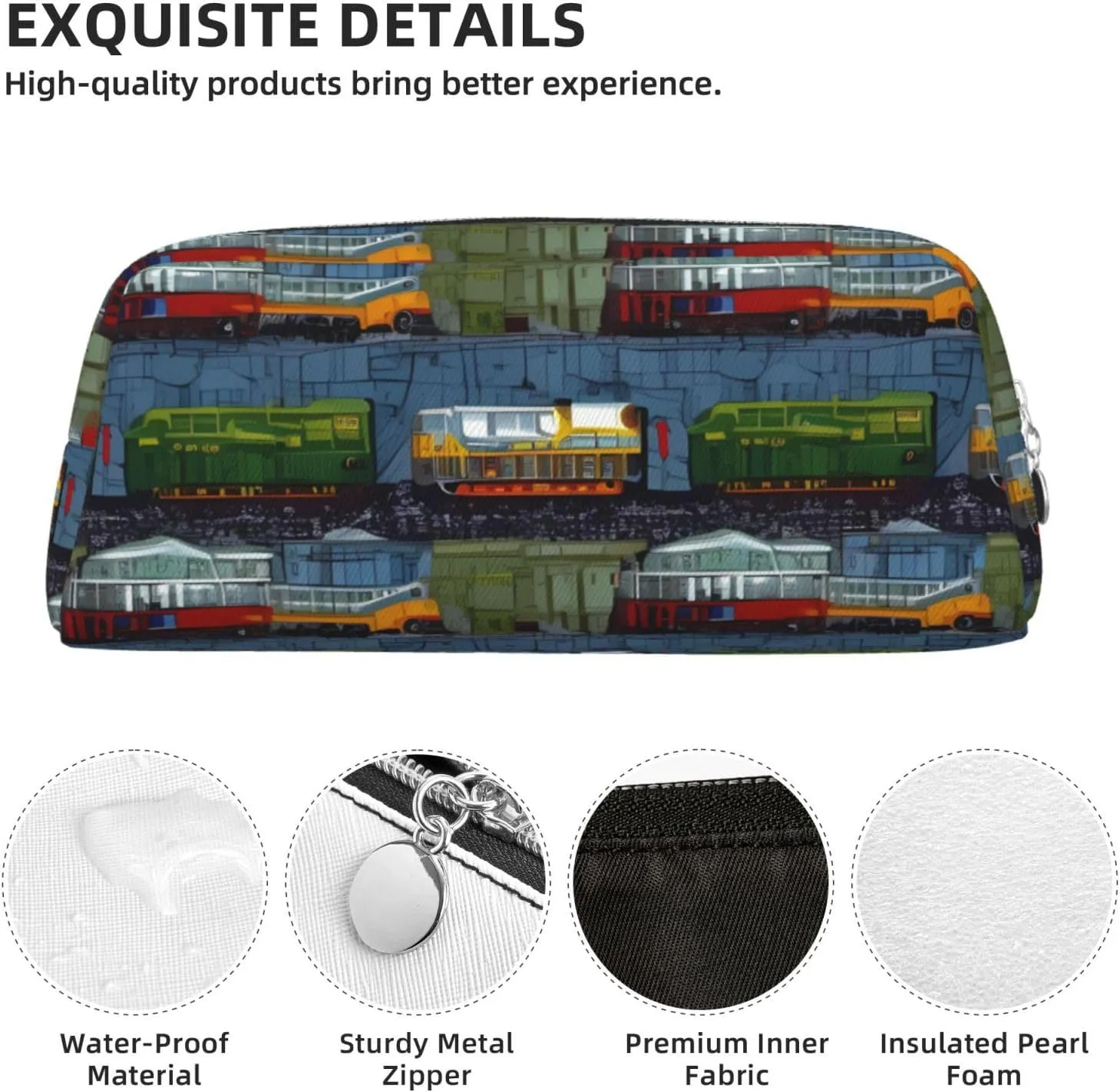 train Cars Makeup Bag for Women Men Pencil Pouch Travel Small Cosmetic Bag Zippered Toiletry Bags Aesthetic Pen Bags Leather Coin Pouch Purse
