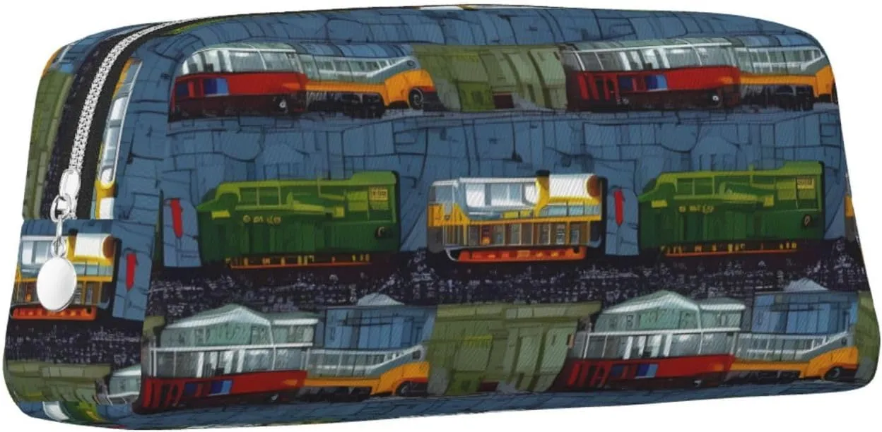 train Cars Makeup Bag for Women Men Pencil Pouch Travel Small Cosmetic Bag Zippered Toiletry Bags Aesthetic Pen Bags Leather Coin Pouch Purse