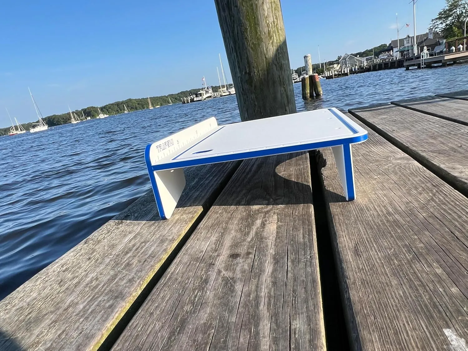 TRAPSKI Made in the USA | Common or Premium Bucket Raised Fillet Cutting Board Table | 1/2 inch Thick HDPE UV Protected | Non-Skid or Mark Rubber Feet (White/Blue, 18" Wx13 Dx5 H)