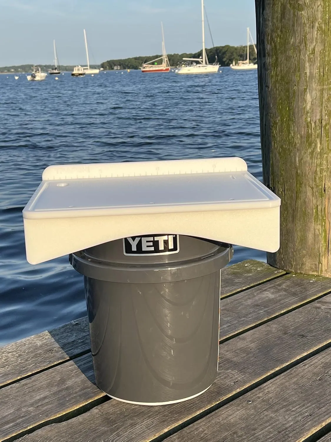 TRAPSKI Made in the USA | Common or Premium Bucket Raised Fillet Cutting Board Table | 1/2 inch Thick HDPE UV Protected | Non-Skid or Mark Rubber Feet (White/Blue, 18" Wx13 Dx5 H)