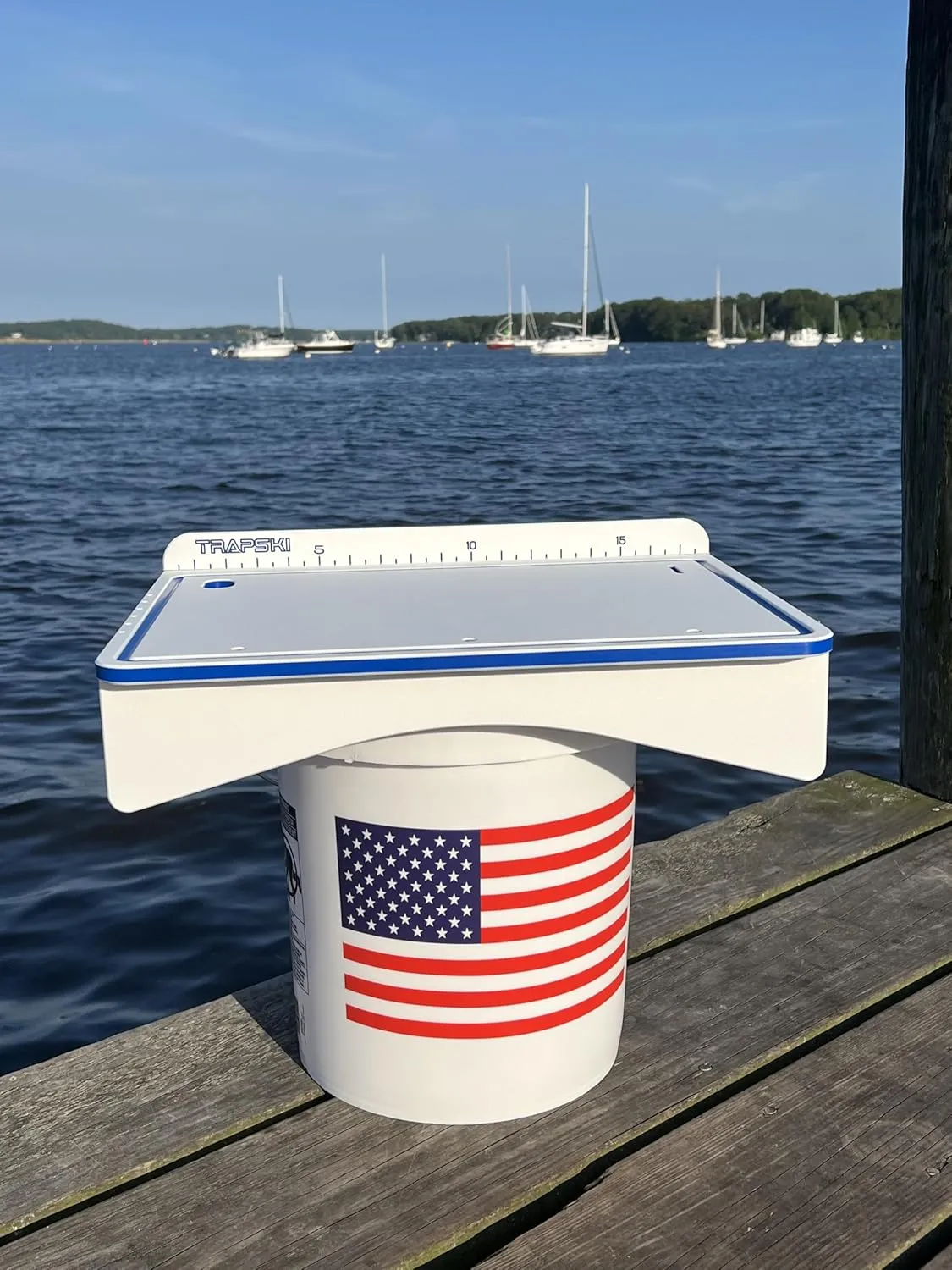 TRAPSKI Made in the USA | Common or Premium Bucket Raised Fillet Cutting Board Table | 1/2 inch Thick HDPE UV Protected | Non-Skid or Mark Rubber Feet (White/Blue, 18" Wx13 Dx5 H)