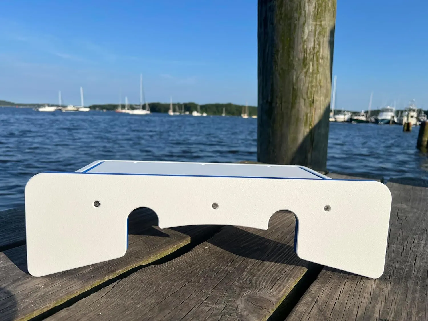 TRAPSKI Made in the USA | Common or Premium Bucket Raised Fillet Cutting Board Table | 1/2 inch Thick HDPE UV Protected | Non-Skid or Mark Rubber Feet (White/Blue, 18" Wx13 Dx5 H)