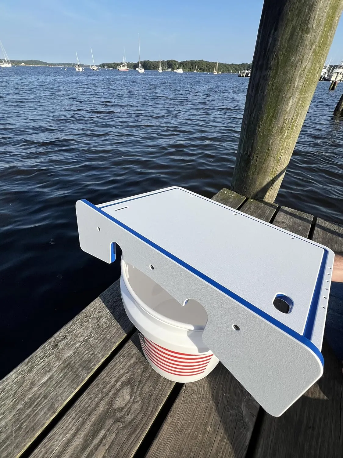 TRAPSKI Made in the USA | Common or Premium Bucket Raised Fillet Cutting Board Table | 1/2 inch Thick HDPE UV Protected | Non-Skid or Mark Rubber Feet (White/Blue, 18" Wx13 Dx5 H)