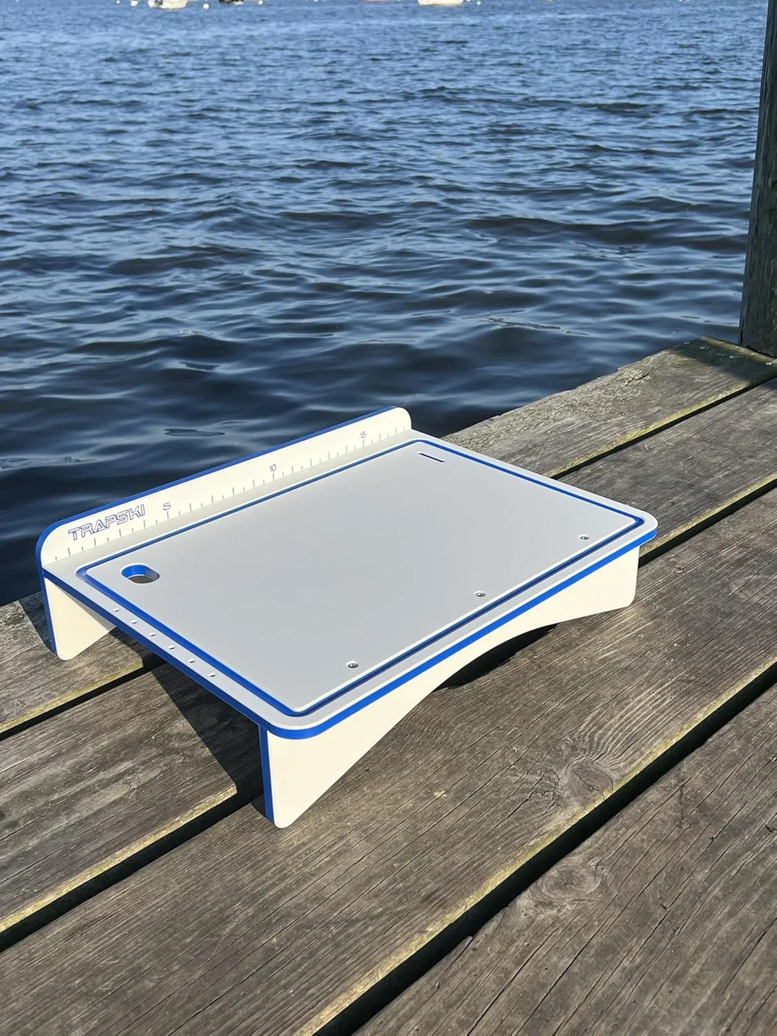 TRAPSKI Made in the USA | Common or Premium Bucket Raised Fillet Cutting Board Table | 1/2 inch Thick HDPE UV Protected | Non-Skid or Mark Rubber Feet (White/Blue, 18" Wx13 Dx5 H)