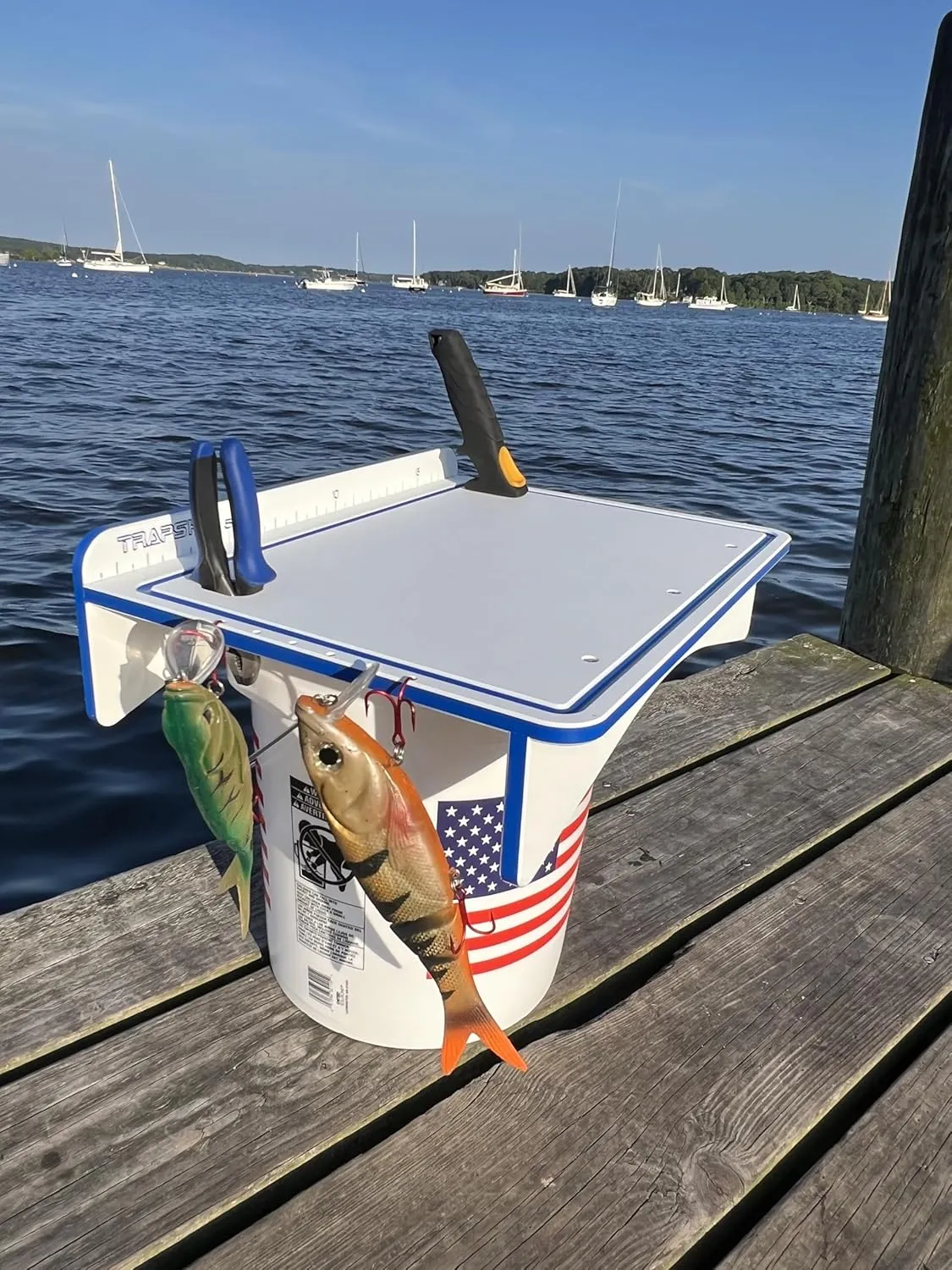 TRAPSKI Made in the USA | Common or Premium Bucket Raised Fillet Cutting Board Table | 1/2 inch Thick HDPE UV Protected | Non-Skid or Mark Rubber Feet (White/Blue, 18" Wx13 Dx5 H)