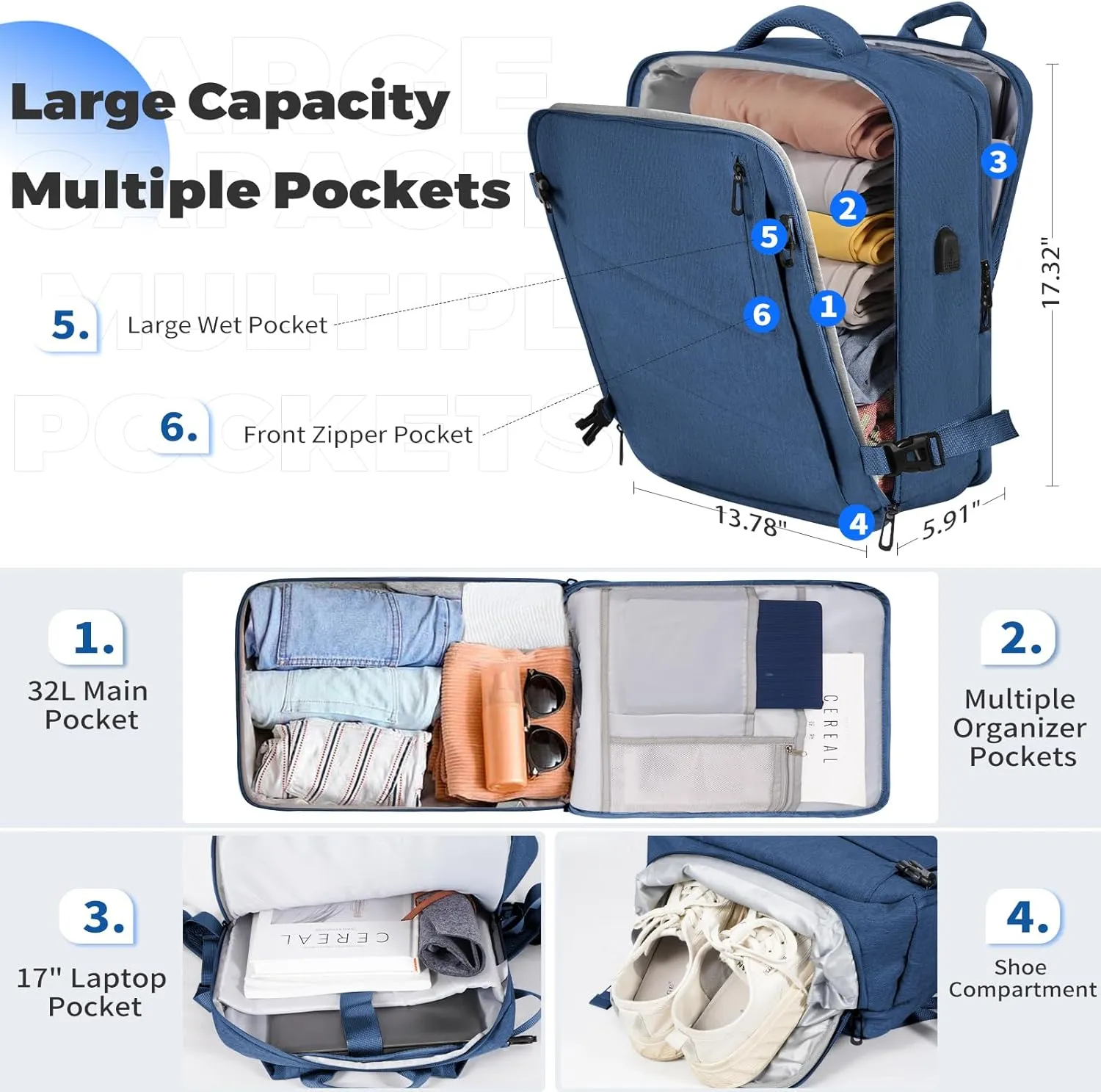 Travel Backpack Women Men, Carry on 18x14x8 inches Personal Item Backpacks, Spirit Frontier Airlines Approved Casual Daypacks (Dark Blue, Large)