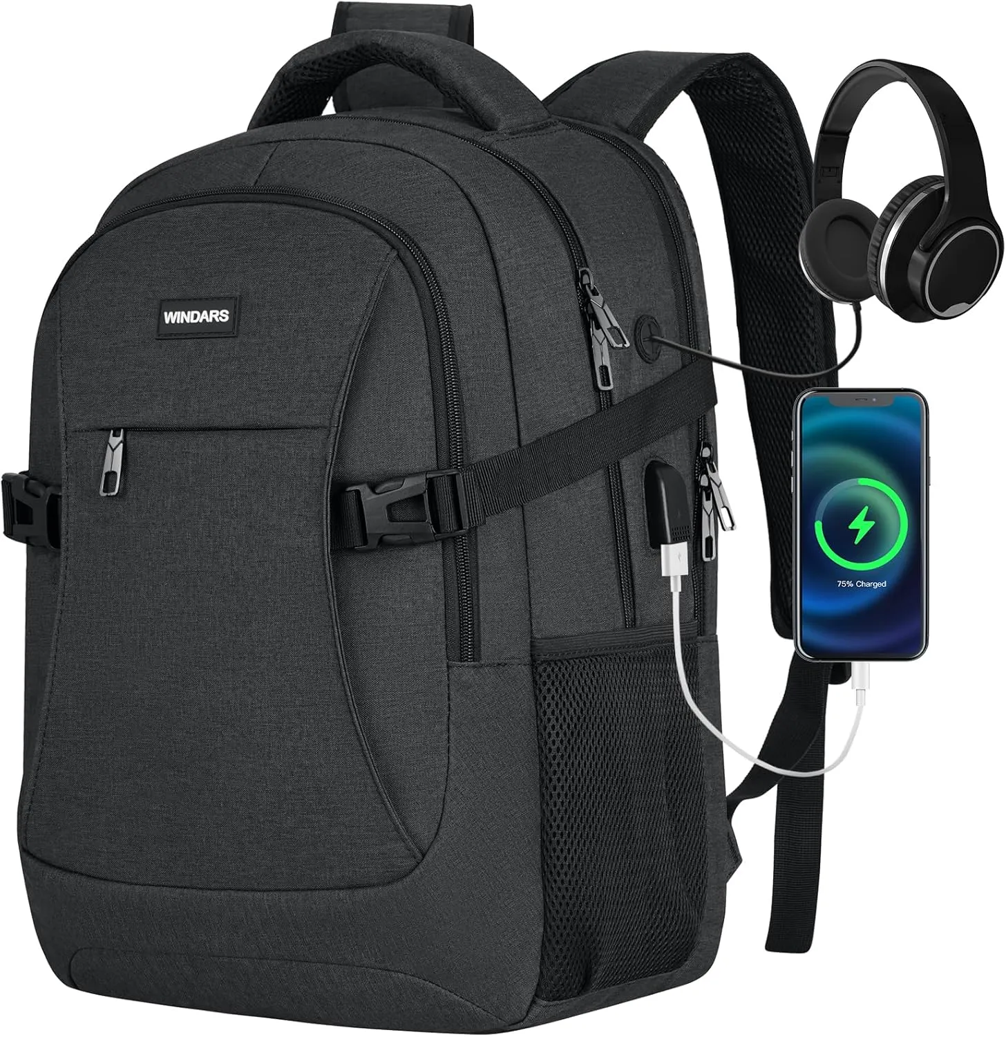 Travel Laptop Backpack, 15.6 Inch Large School Backpacks for Teens Boys, Water Resistant Business Men Computer Bag Durable Women Back Pack with USB Charging Port for College Work, Black