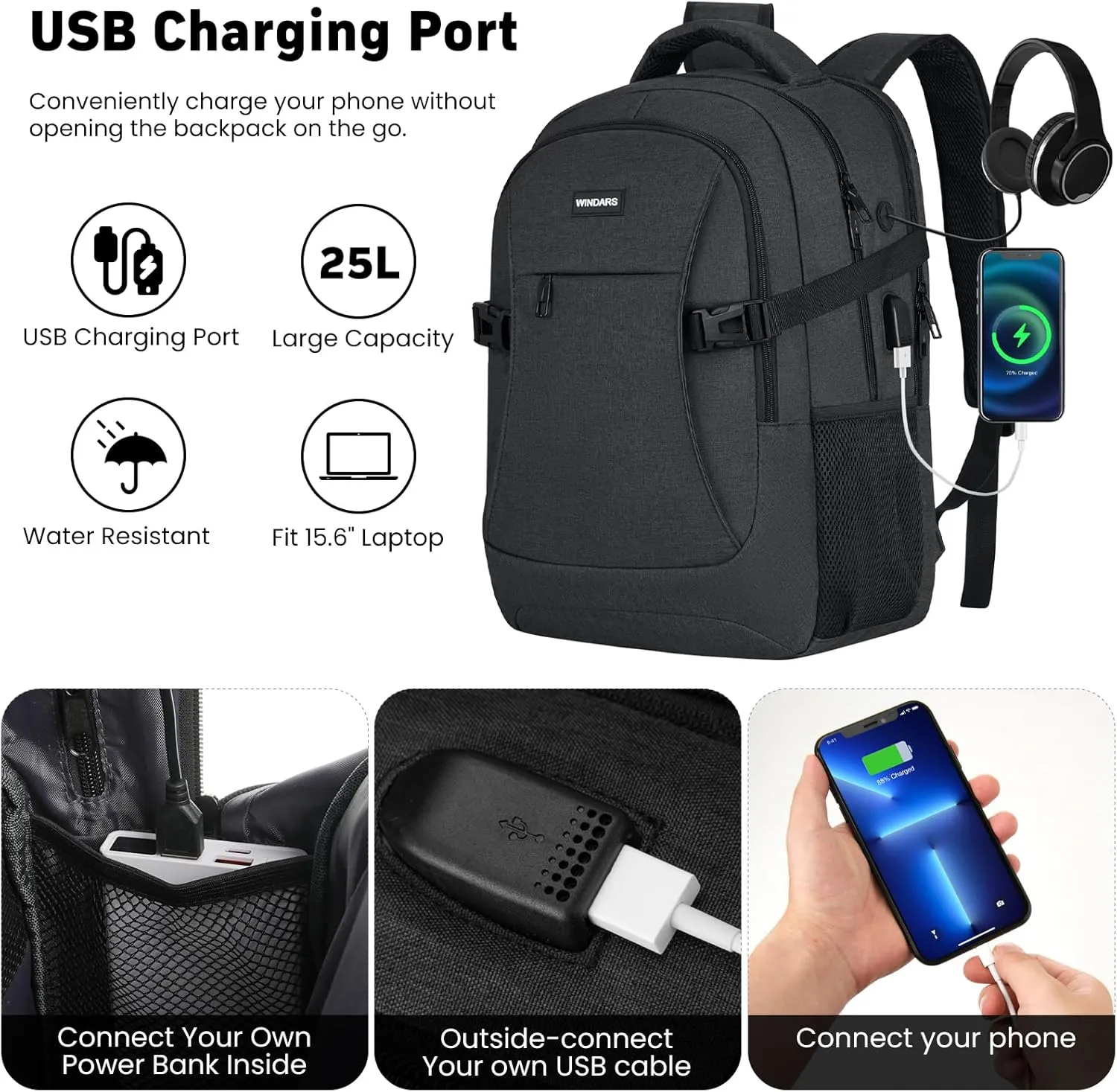 Travel Laptop Backpack, 15.6 Inch Large School Backpacks for Teens Boys, Water Resistant Business Men Computer Bag Durable Women Back Pack with USB Charging Port for College Work, Black