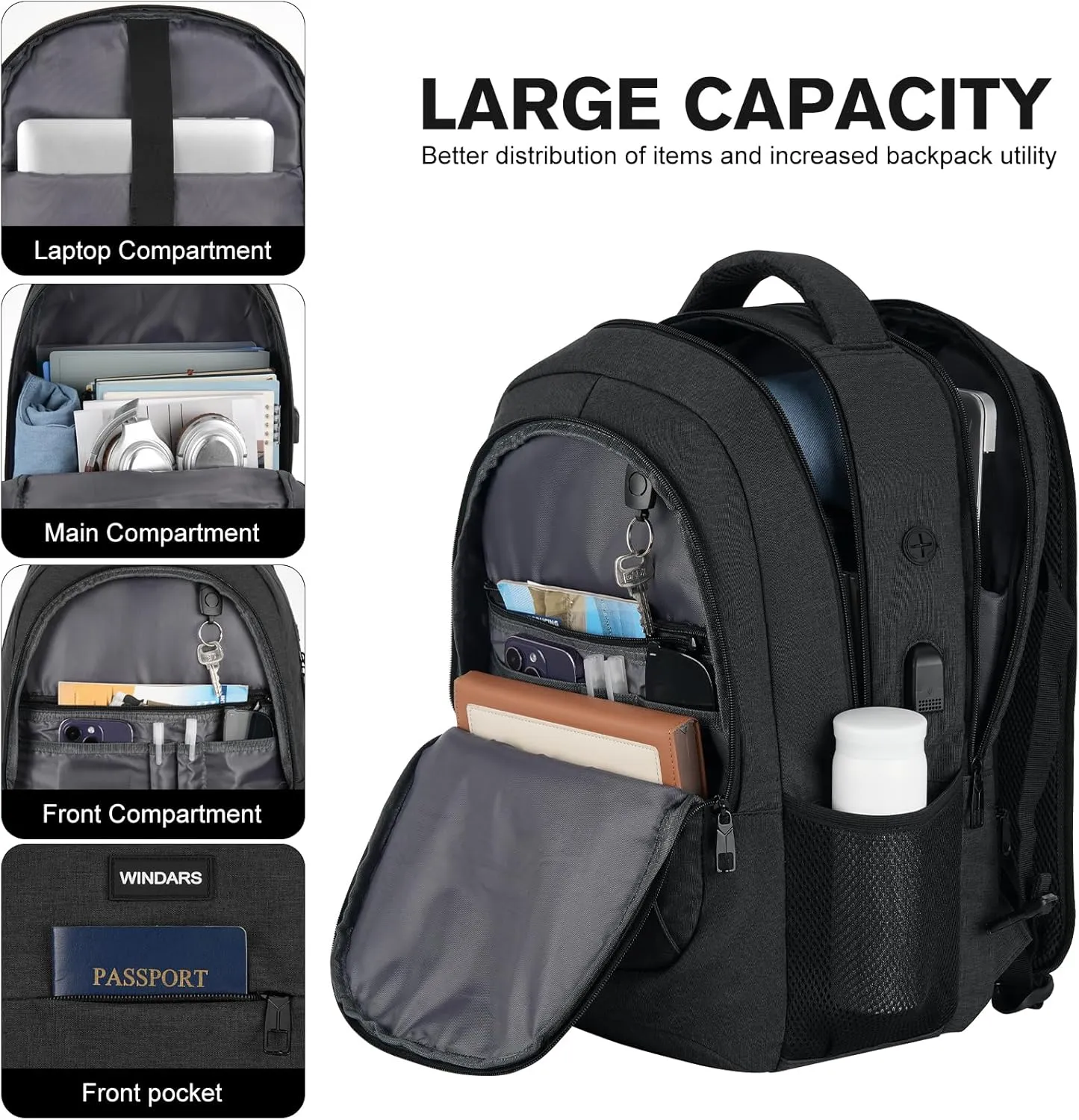 Travel Laptop Backpack, 15.6 Inch Large School Backpacks for Teens Boys, Water Resistant Business Men Computer Bag Durable Women Back Pack with USB Charging Port for College Work, Black