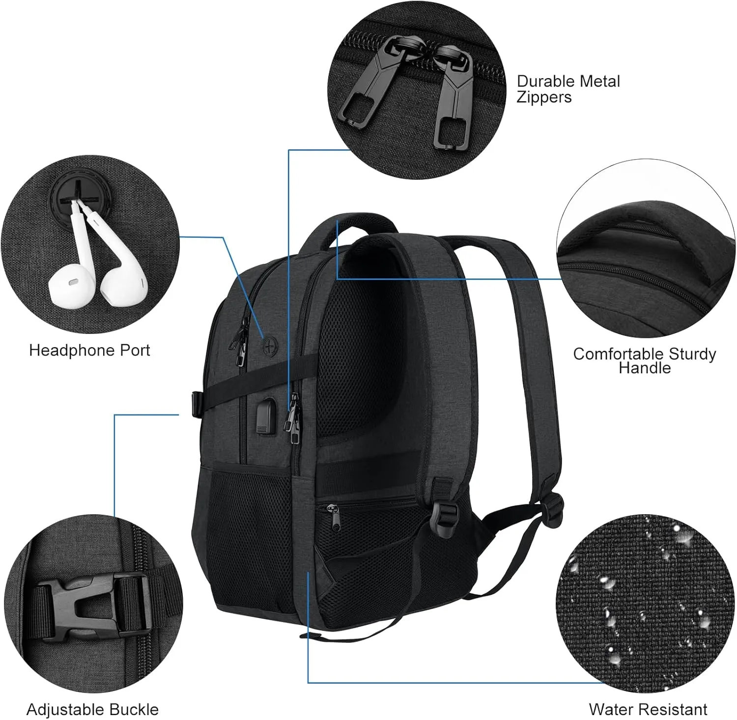 Travel Laptop Backpack, 15.6 Inch Large School Backpacks for Teens Boys, Water Resistant Business Men Computer Bag Durable Women Back Pack with USB Charging Port for College Work, Black